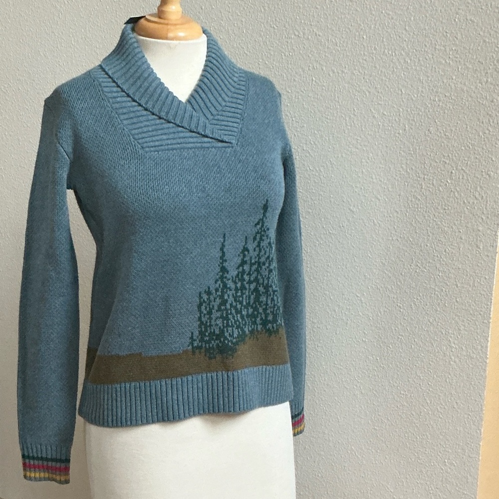 Pendleton Silver Creek Blue Cowl Neck Sweater with Tree Motif